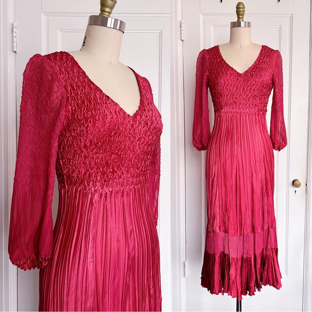 Komarov • pleated midi dress maroon red wine chiffon satin crinkle peasant